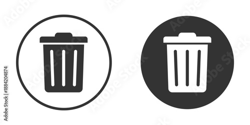   
Circular trash can icons in black and white, designed for digital interfaces. Minimalist style with lid and vertical lines, ideal for delete or remove functions in modern UI and app design.