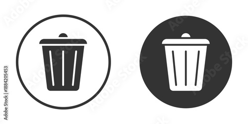   
Circular trash can icons in black and white, designed for digital interfaces. Minimalist style with lid and vertical lines, ideal for delete or remove functions in modern UI and app design.
