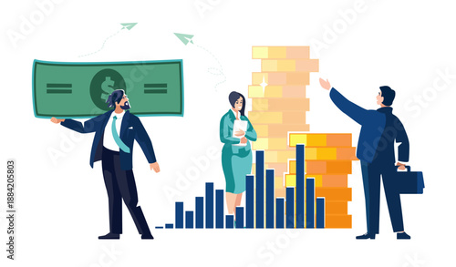 Business people. Bank employees describe the recalculation of financial income. Businessman with dollar, accumulation of funds, money gold cents, investment growth, bank, poster. Vector illustration