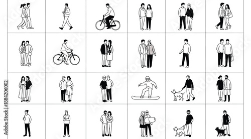 Vector illustration grid of twenty‑five black and white drawings showing pairs of people in diverse interactions such as hugging, walking, cycling, sitting, and companionship for social, educational, 