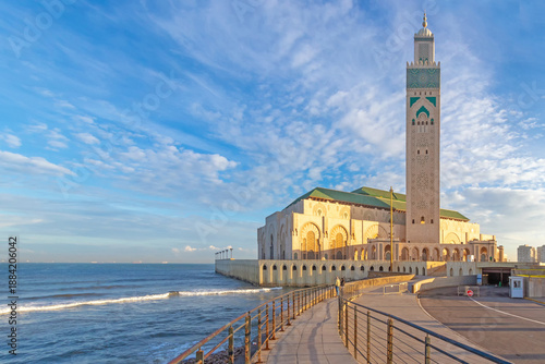 The Hassan II Mosque facing the Atlantic Ocean in the light of dawn, Casablanca, Morocco