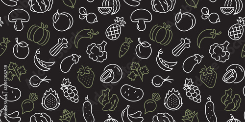 Seamless pattern with fruits and vegetables. Food, vegan, kitchen, cooking, restaurant concept. White, black, green. Background for prints, banners, decoration, scrapbook, design. Vector illustration.