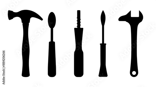 Industrial hand tools black silhouette pack, hammer, pliers, screwdriver, wrench, chisel, simple flat vector design