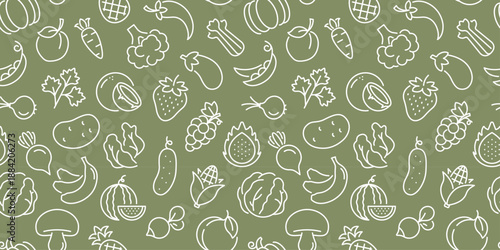 Seamless pattern with fruits and vegetables. Food, vegan, kitchen, cooking, restaurant concept. White, green colors. Background for prints, banners, decoration, scrapbook, design. Vector illustration.