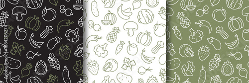 Seamless pattern with fruits and vegetables set. Food, vegan, kitchen, cooking, restaurant concept. White, black, green. Background for prints, banners, decor, scrapbook, design. Vector illustration.
