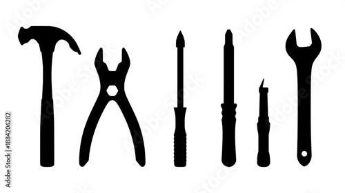 Industrial hand tools black silhouette pack, hammer, pliers, screwdriver, wrench, chisel, simple flat vector design