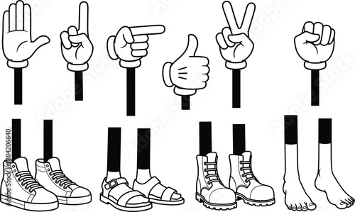 Cartoon Hands and Feet Icon Set – Expressive Gestures and Footwear Styles for Character Design, Animation, and Visual Storytelling