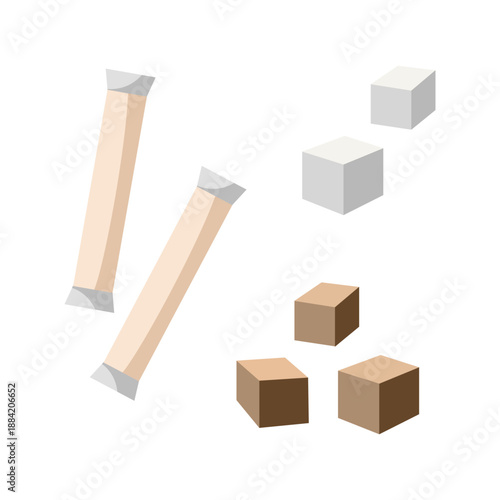Sugar set. Sugar sticks, sachets. Cane Sugar cubes stack. Spice portion salt, pepper sticks. Refined sugar. Ice cubes. Cartoon vector illustration.