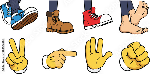 Cartoon Hands and Footwear Variations – Stylized Gestures and Shoe Types for Character Building, Animation, and Visual Communication Assets