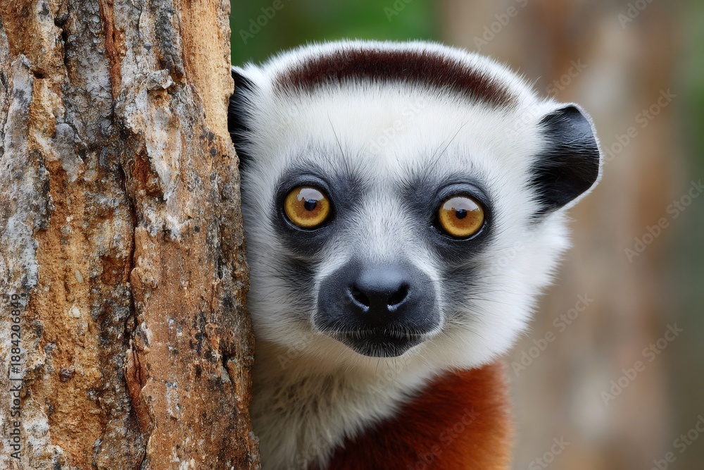 Obraz premium Coquerel's sifaka lemur peeking from behind tree trunk
