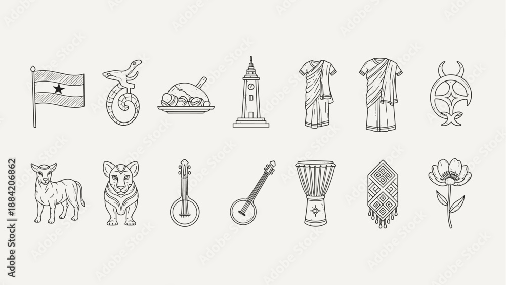 Fototapeta premium Black and white Ghana cultural icons with food, clothing, animals, drums, instruments, and patterns.