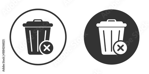 Circular trash can icons with delete overlays in black and white. Minimal vector design for UI, app interfaces, and digital platforms. Ideal for modern user experience and web tools.