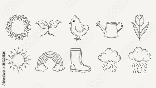 Charming hand-drawn icons representing spring elements like flowers, rain, and sunshine