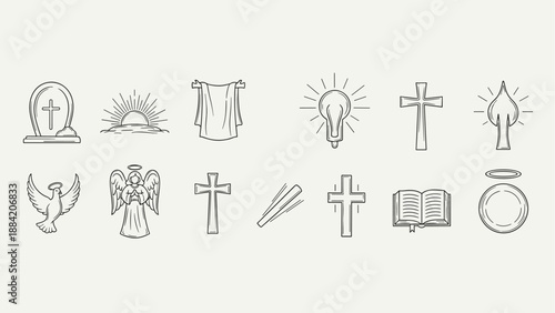 Collection of Christian religious symbols and icons in a simple line art style