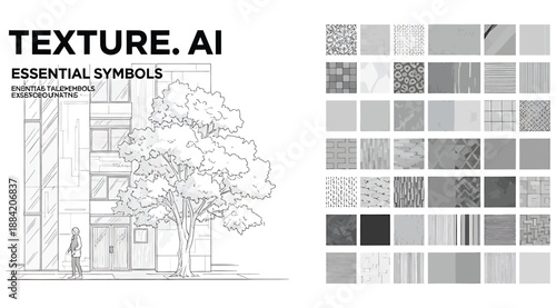 Vector illustration sheet of architectural texture symbols showing brick, wood, concrete, stone, and facade elements with standardized patterns for design, drafting, architectural visualization, educa