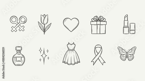 Minimal line-art feminine icon set featuring gift, tulip, heart, lipstick, dress, perfume, ribbon