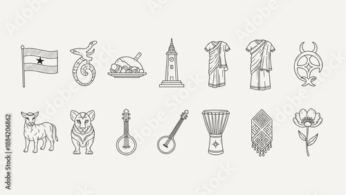 Black and white Ghana cultural icons with food, clothing, animals, drums, instruments, and patterns.