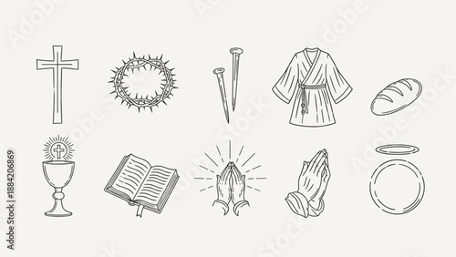 Christianity symbols collection: cross, crown of thorns, nails, robe, bread, chalice, bible, praying hands