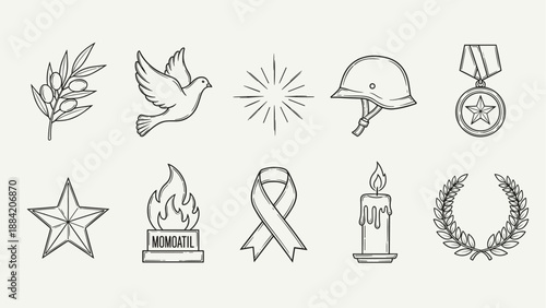 Collection of symbols representing peace, remembrance, and honor in a hand-drawn style