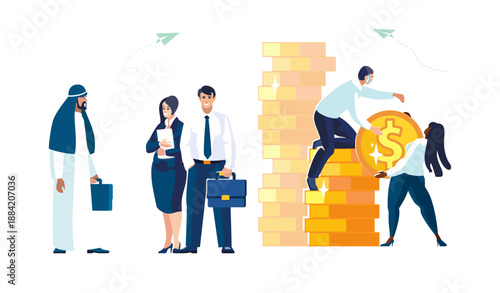 Business people. Banker Arab sheikh investor, bank employees describe recalculation of financial income. Businessman accumulating funds, money gold dollar investment growth, poster.Vector illustration