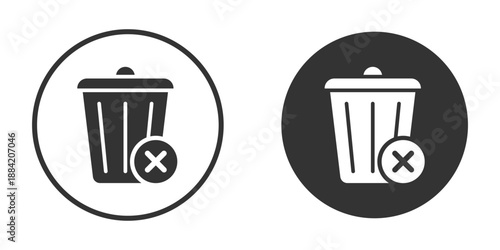 Circular trash can icons with delete overlays in black and white. Minimal vector design for UI, app interfaces, and digital platforms. Ideal for modern user experience and web tools.
