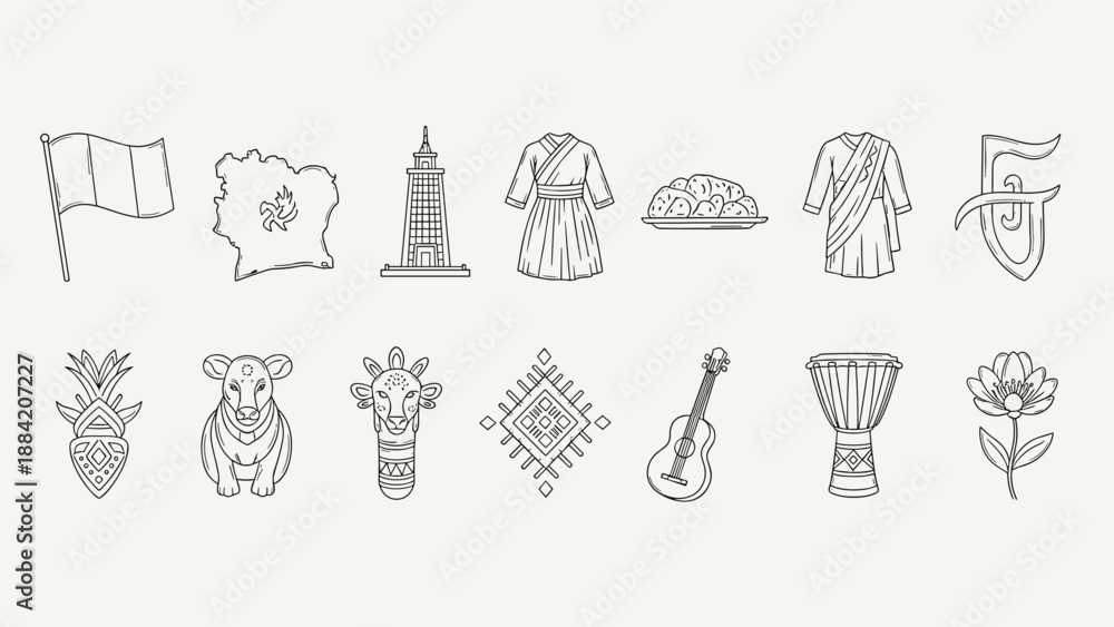 Fototapeta premium Collection of African cultural symbols and landmarks in a simple line art style