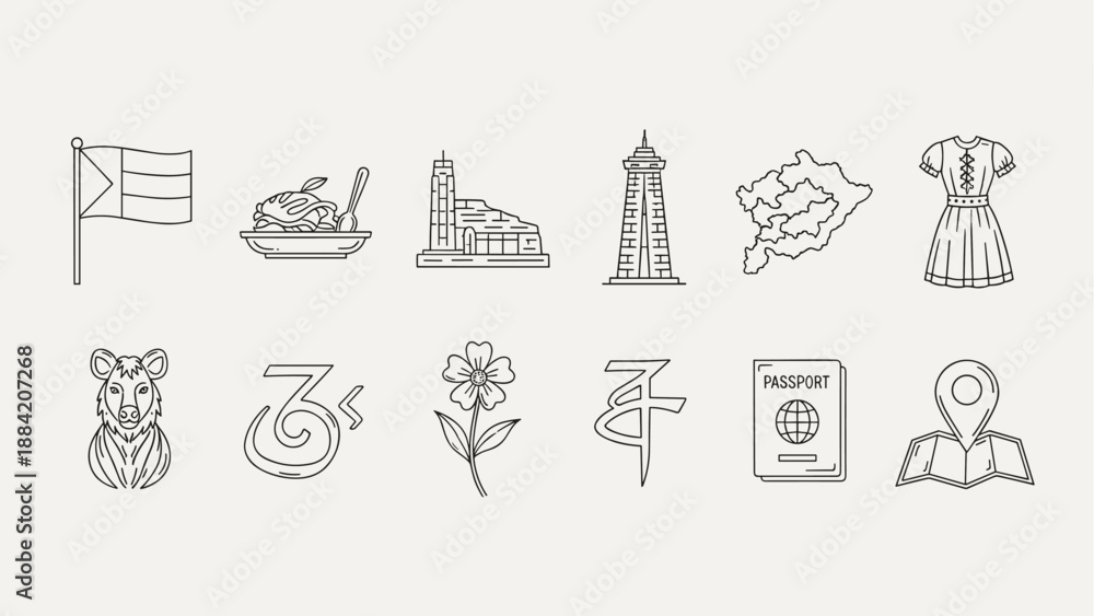 Fototapeta premium Collection of line art icons representing travel, culture, and national symbols