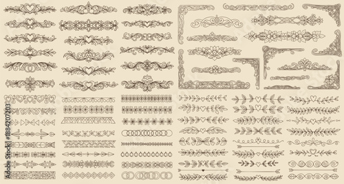 huge Set of design elements. Wreath, frames, calligraphic, swirls divider, laurel leaves, ornate, award, arrows. Decorative vintage line elements collection. Vector illustration.