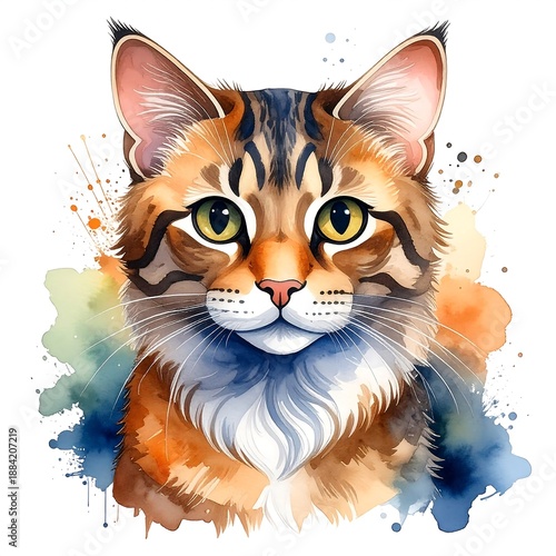 Painted portrait of a tabby cat with golden eyes, surrounded by watercolor splashes on a white background
