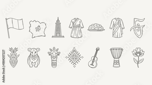 Collection of African cultural symbols and landmarks in a simple line art style