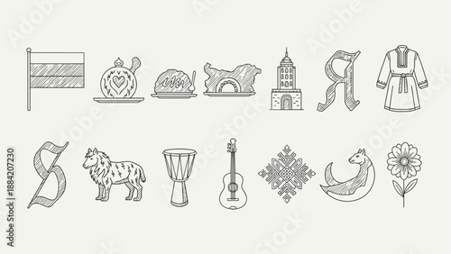 Bulgarian cultural symbols and landmarks in a stylized line art collection