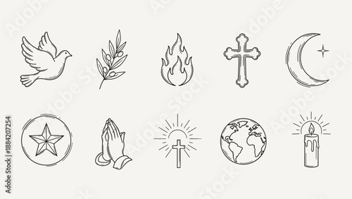 Collection of religious and spiritual symbols in a minimalist line art style