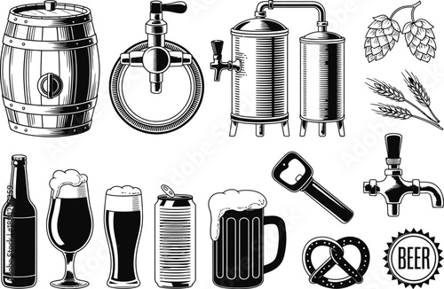 Black and white beer brewing and drinking barrel