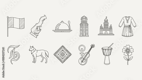 Collection of hand-drawn icons representing cultural symbols and landmarks from various regions