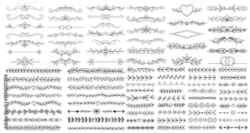 huge Set of design elements. Wreath, frames, calligraphic, swirls divider, laurel leaves, ornate, award, arrows. Decorative vintage line elements collection. Vector illustration.