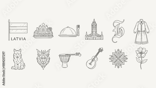 Black and white Latvia cultural icons with food, clothing, architecture, music, animals, and flower.
