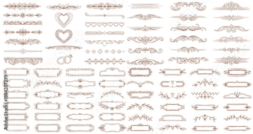 huge Set of design elements. Wreath, frames, calligraphic, swirls divider, laurel leaves, ornate, award, arrows. Decorative vintage line elements collection. Vector illustration.