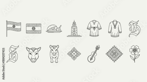 Collection of Paraguayan cultural symbols and icons in a minimalist line art style