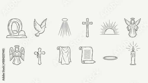 Collection of religious and spiritual symbols in a hand-drawn line art style