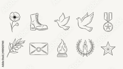 Collection of symbols representing peace, remembrance, and military service