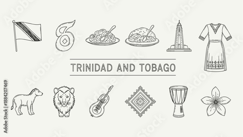 Trinidad and Tobago cultural icons and symbols in a hand-drawn sketch style