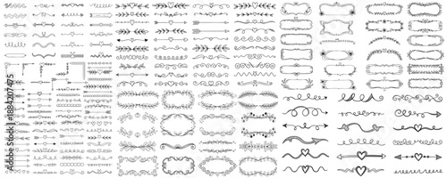Hand drawn dividers and frames collection. Decorative calligraphic design elements set. Vector ornamental borders, flourishes for wedding invitations, certificates, and text decoration.