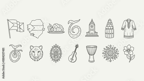 Collection of diverse cultural icons and symbols in a clean line art style