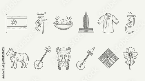 Collection of North Korean cultural symbols and landmarks in a simple line art style