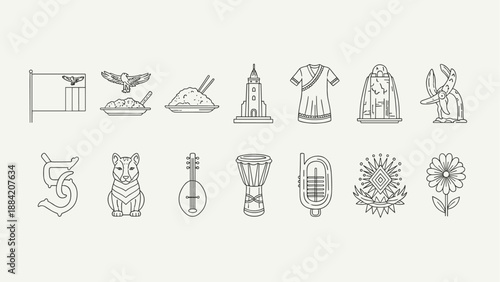Collection of Zambia's national symbols and cultural icons in a simple line art style