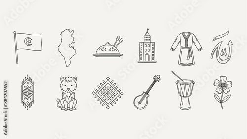 Collection of Tunisian cultural symbols and landmarks in a minimalist line art style