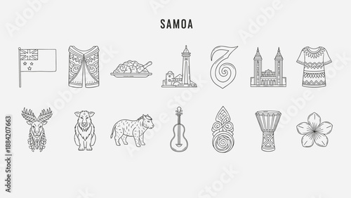 Collection of Samoa cultural icons and symbols in a clean line art style