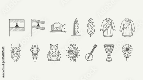 Collection of Lesotho cultural symbols and landmarks in a line art style
