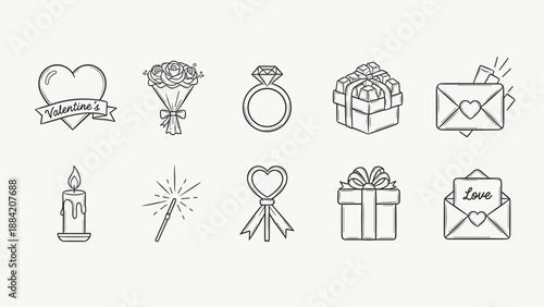 Valentine's Day icons collection with heart, gifts, flowers, ring, candle, and love letter