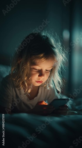 Child using smartphone at night on bed, kid using mobile phone in dark bedroom, child screen time and digital lifestyle concept